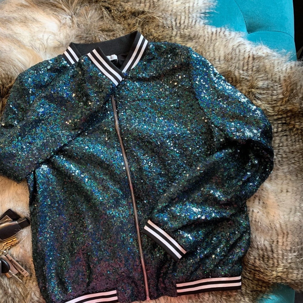 COPY - NWT Sequin shimmery line zip up bomber